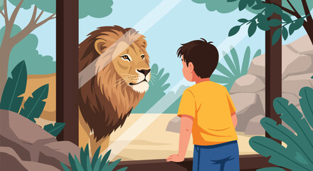 Young boy watching lions through glass wall in safari zone with rocks and plants, showing curiosity, wildlife discovery, and educational zoo tourism in modern flat vector illustration © Amie
