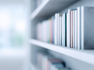 Blurred interior background with bookshelf filled with books in modern room with soft natural light