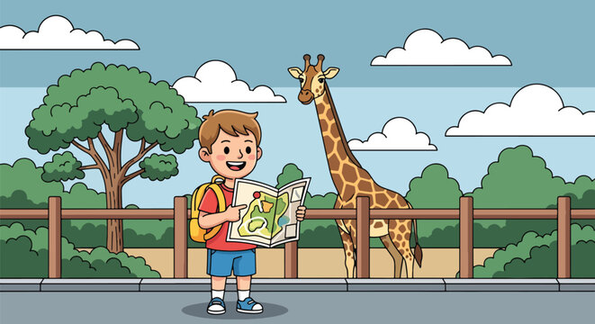 trees, showing educational zoo visit, wildlife learning, and family travel in flat vector style