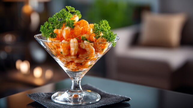 Elegant shrimp cocktail served in glass dish with fresh greens, arranged beautifully on modern dining table in stylish indoor setting