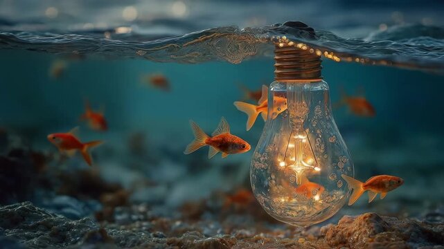 A bright lightbulb immersed in the water, surrounded by tiny fish