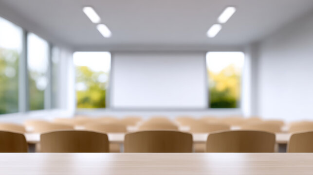 Blurred interior background of empty classroom with wooden desk and chairs in modern bright learning space