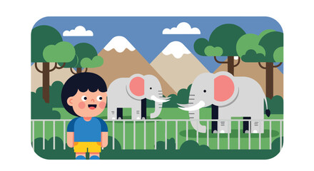 Obraz premium child watching elephants in open habitat with mountains and trees, showing wildlife appreciation, outdoor learning, and memorable zoo adventure in modern flat vector style
