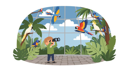 Child using binoculars to watch colorful birds in aviary dome with tropical plants, showing nature exploration, curiosity, and environmental education in modern flat vector style © Amie