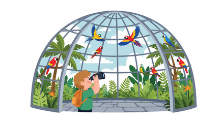 Child using binoculars to watch colorful birds in aviary dome with tropical plants, showing nature exploration, curiosity, and environmental education in modern flat vector style © Amie