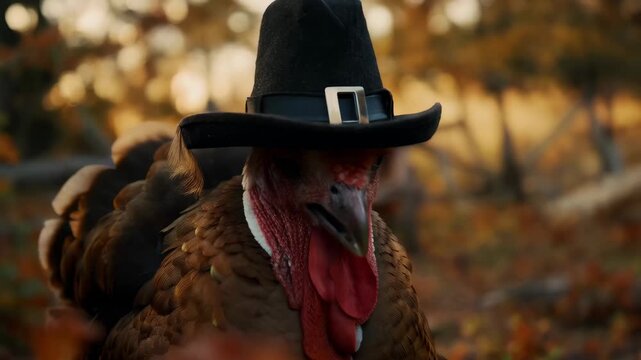 Turkey wearing a hat walks among autumn leaves as the sun sets in the background on a farm