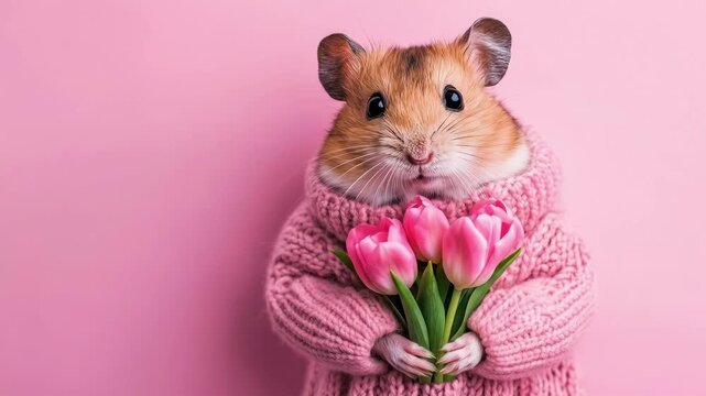 Adorable hamster in pink sweater holding tulips on pastel pink background. March 8, International Women's Day. Mother's Day