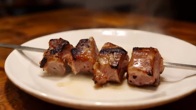 Grilled pork skewers served on a white plate at a dining table in a restaurant during the evening hours