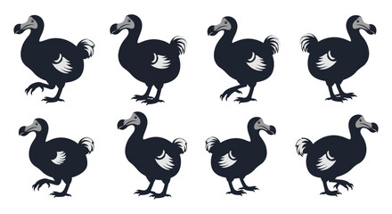A collection of five dodo bird silhouettes arranged in a grid ideal for design projects on transparent background high quality professional © mrvect02