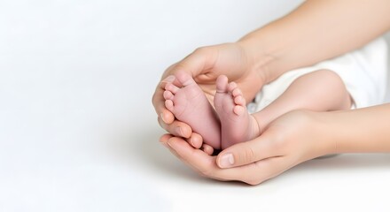 Adult Hands Cradling Newborn Baby Feet, Soft High Key Parenthood and Protection