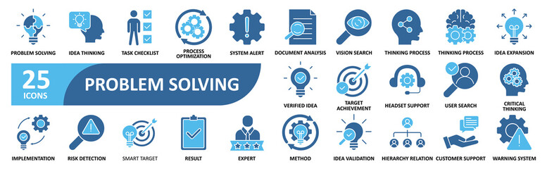 Problem Solving icon set In Blue Style, Vector Illustration. thinking, resolve, answer, analysis, decision, idea, creativity, fix, business, process, find, innovation, issue, puzzle