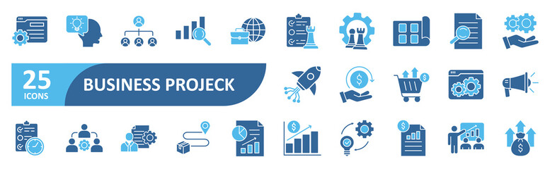 Business project icon set In Blue Style, Vector Illustration. Contain icons related to project, task, plan, process, performance, productivity, strategy, goal