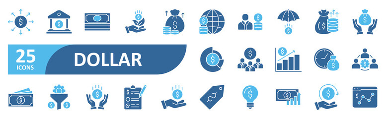 Dollar icon set In Blue Style, Vector Illustration. Contain icons related to financial, asset, wealth, budget, investment, value, salary, pay, exchange, economy, profit
