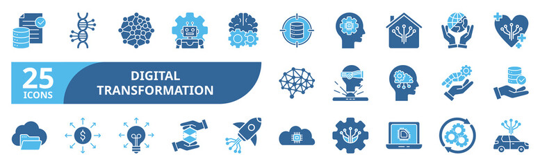 Digital Transformation icon set In Blue Style, Vector Illustration. Contain icons related to transformation, technology, innovation, automation, cloud, datum, ai, software