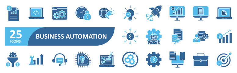 Business automation icon set In Blue Style, Vector Illustration In Blue Style, Vector Illustration. Contain icons related to process, system, software, digital, optimize, efficiency, productivity