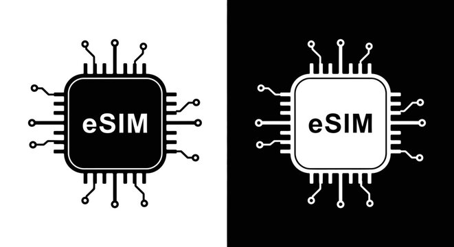 Dual icon representation of an embedded SIM (eSIM) chip, illustrating modern mobile technology and digital connectivity solutions.