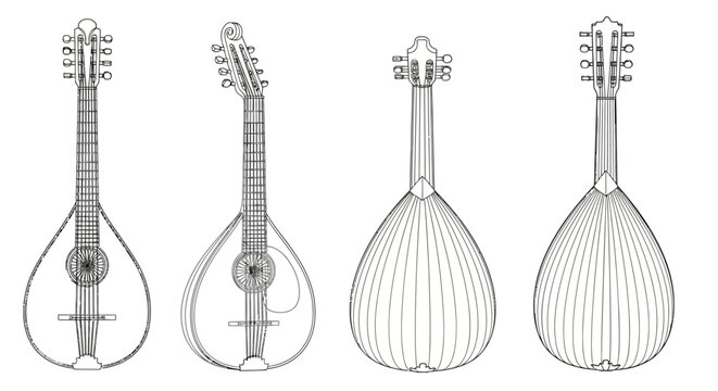 Four detailed line drawings illustrating different views and types of mandolins, showcasing their distinct designs and features.