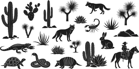 Desert Wildlife and Flora Silhouette Collection on White Background cactus © Alifa