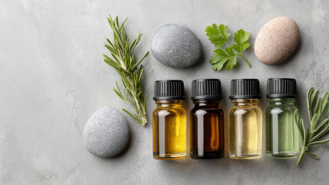Aromatherapy essential oils with natural stones and herbs on concrete background