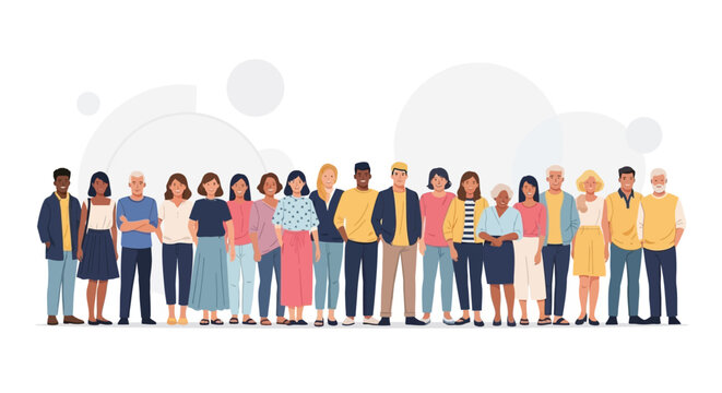 A diverse group of men and women of various ages and ethnicities standing together in a line, depicted in a flat illustration style.