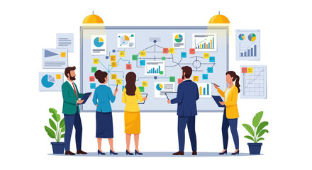 Fototapeta premium A diverse team of professionals collaborates around a large whiteboard, planning and strategizing with charts and diagrams.