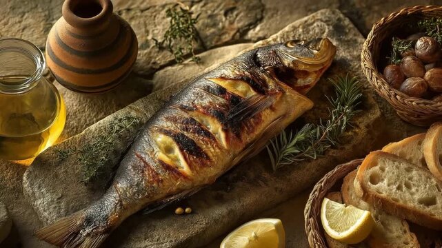 On a stone table, grilled entire fish was served with bread, water, and lemon. A customary Christian dinner during Lent or Good Friday