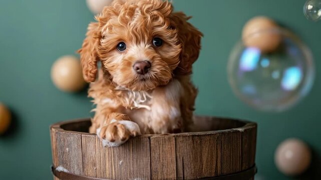 Adorable curly-haired puppy in wooden barrel with floating bubbles on green background
