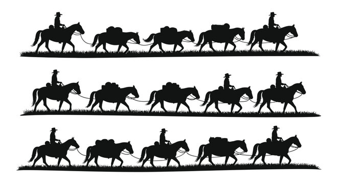 A row of three lines showcasing cowboys on horseback each with pack animals on transparent background silhouette high quality professional detailed