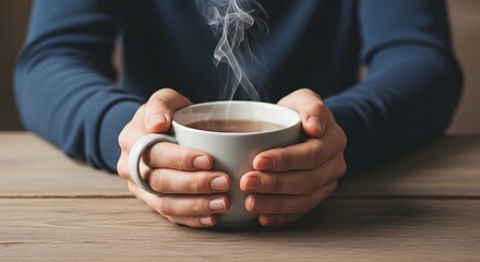 Hands Wrapped Around Hot Tea Mug, Cozy Winter Beverage with Steam and Wood Texture