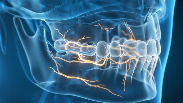 Anatomical illustration of the human mandible and nerve pathways within the teeth and jawbone