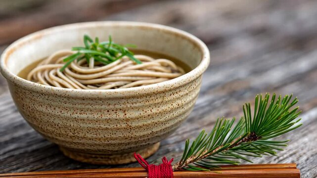 Rustic wooden surface enhances elegant soba noodles in ceramic bowl with greens and chopsticks