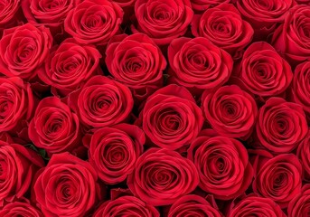 Fototapeta premium Red roses bouquet on wooden table, romantic floral background with copy space