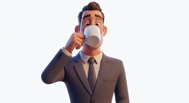 Animated businessman drinking coffee concept isolated white background