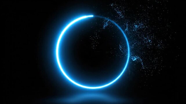 A glowing neon blue circle with a shattered effect on the top right, set against a black background