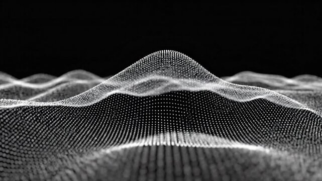 Digital rendering of a landscape composed of tiny white dots on a black background