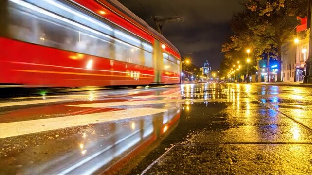 Long-exposure shot of a red train speeding down a wet, urban street at night
