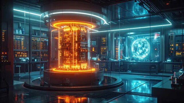 Futuristic lab interior with glowing core and digital displays