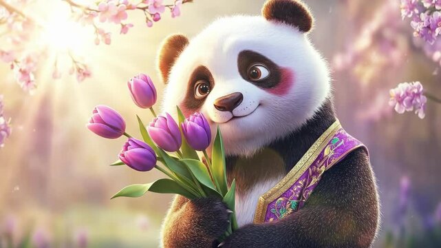 Adorable panda holding tulips in a blossoming garden. March 8, International Women's Day. Mother's Day