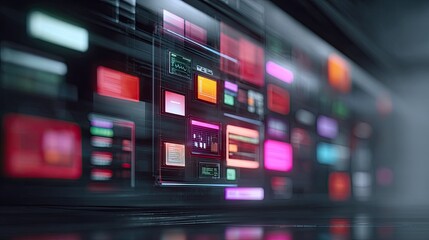 Fototapeta premium Abstract Technological Background with Colorful Digital Panels, Data Visualizations, and Circuit Patterns in a Futuristic Setting