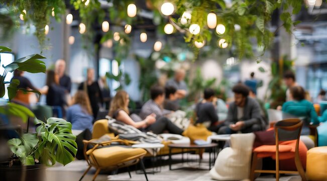 Modern indoor cafe or coworking space with people working and socializing under hanging plants and warm lighting