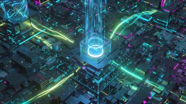3D animated video, top-down view of GPU mining network, neon energy pulses flowing along connections, digital coins holographic data fragments emerging rigs looping animation, glowing neon colors