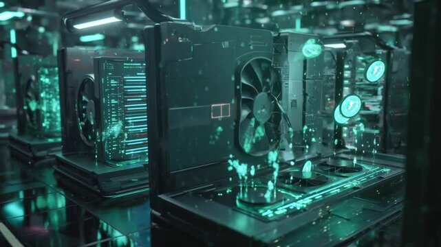 3D cinematic video, futuristic cryptocurrency mining farm, multiple GPU rigs glowing neon lights, digital coins rising holographic particles, energy flowing dynamically rigs cyan, magenta violet color