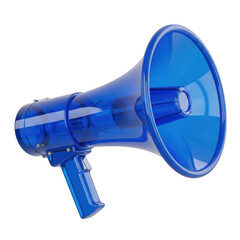 A bright blue megaphone against a white background with a slight shadow effect.