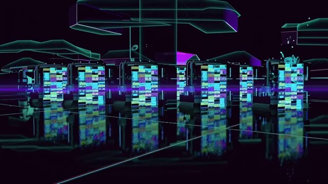 3D cinematic video, futuristic cryptocurrency mining farm, multiple GPU rigs glowing neon lights, digital coins rising holographic particles, energy flowing dynamically rigs cyan, magenta violet color