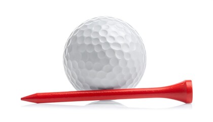 Close-up of a white golf ball resting on a red golf tee against a white background.