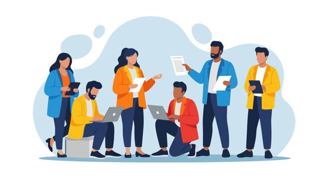 A diverse group of business professionals collaborating and working together in a modern office setting.