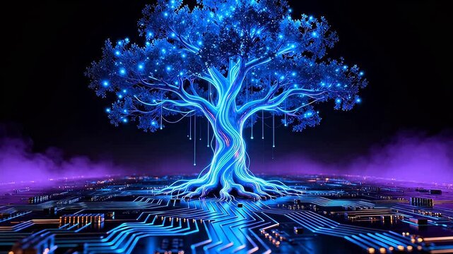 Glowing blue tree on circuit board