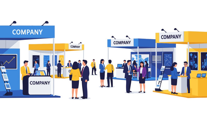 Business exhibition with multiple company booths and attendees interacting at a trade show event.