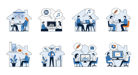 Illustrations depicting various remote work scenarios within stylized house outlines, showcasing collaboration and individual tasks.
