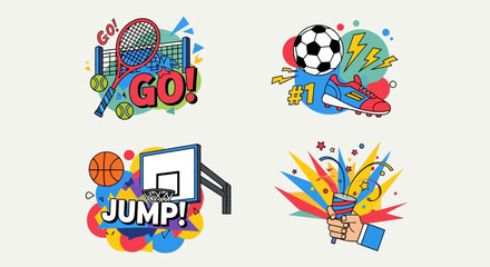 Fototapeta premium Vibrant illustrations of sports equipment and action words like GO and JUMP, celebrating athletic activities.